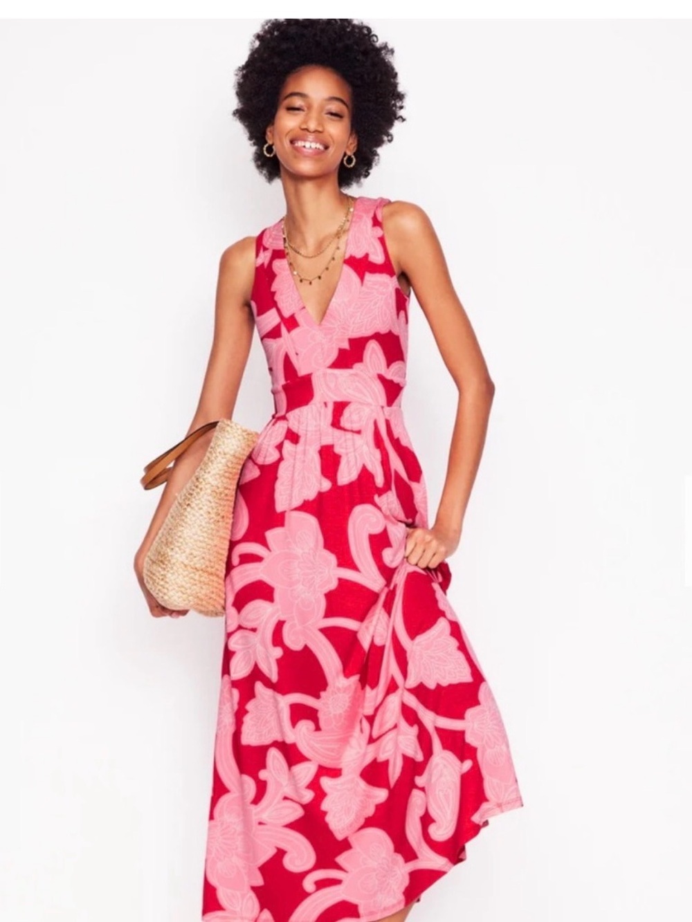 Boden Red and Pink Floral V-Neck Maxi Dress